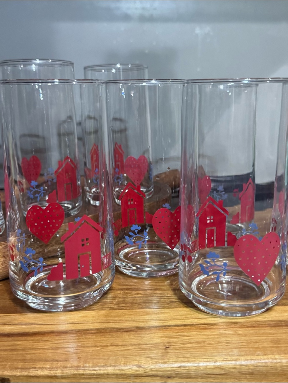 Corningware Clear Glass Tumblers with Red House & Heart Accents